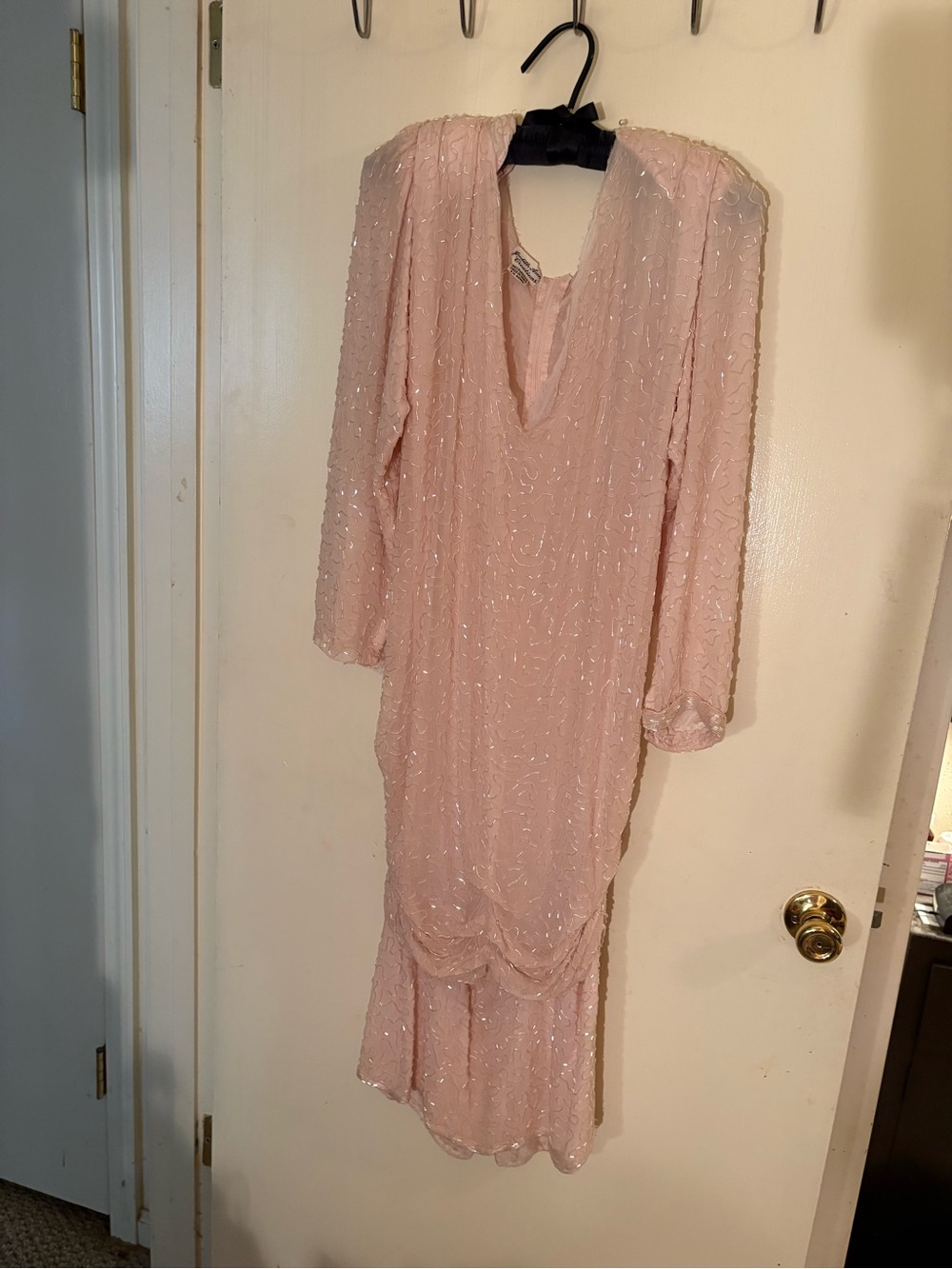 Long Sleeve Blush Pink Sequin Evening Dress